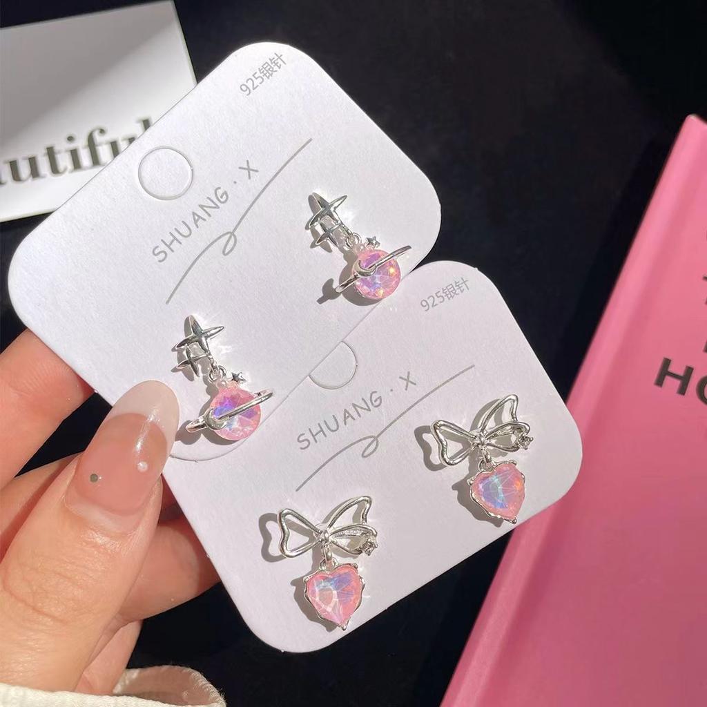 Sweet and Cool Temperament Pink Bow Stud Earrings Ins Tide Aurora Pink Planet Earrings Sweet Earrings