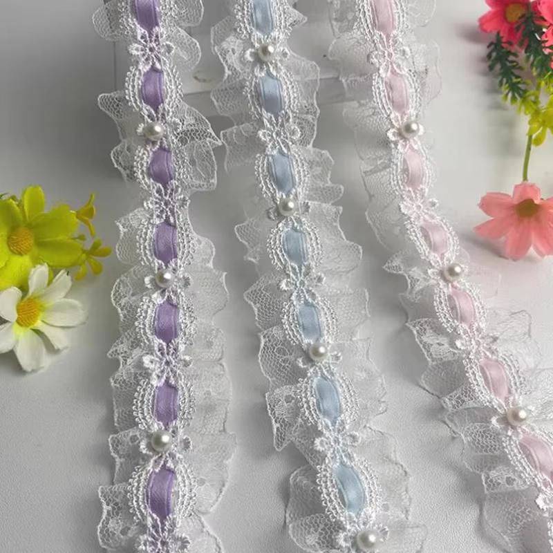 1Yard Lolita Pleated Lace Lvory Bead Ruffled Lace Fabric Edging Satin Ribbon Diy Clothing Curtain Furniture Decoration Accessory