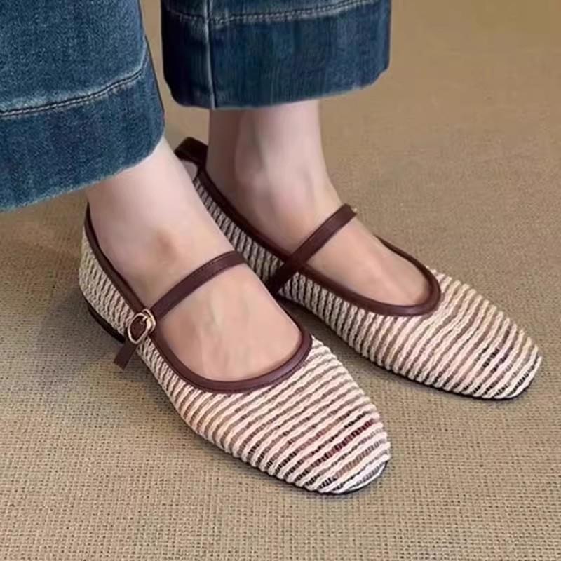 Super Soft Sheepskin~ French Cool Single Shoes Women's Flat-bottomed Summer Woven Retro Shallow Mouth Ballet Shoes Breathable Mary Jane Shoes