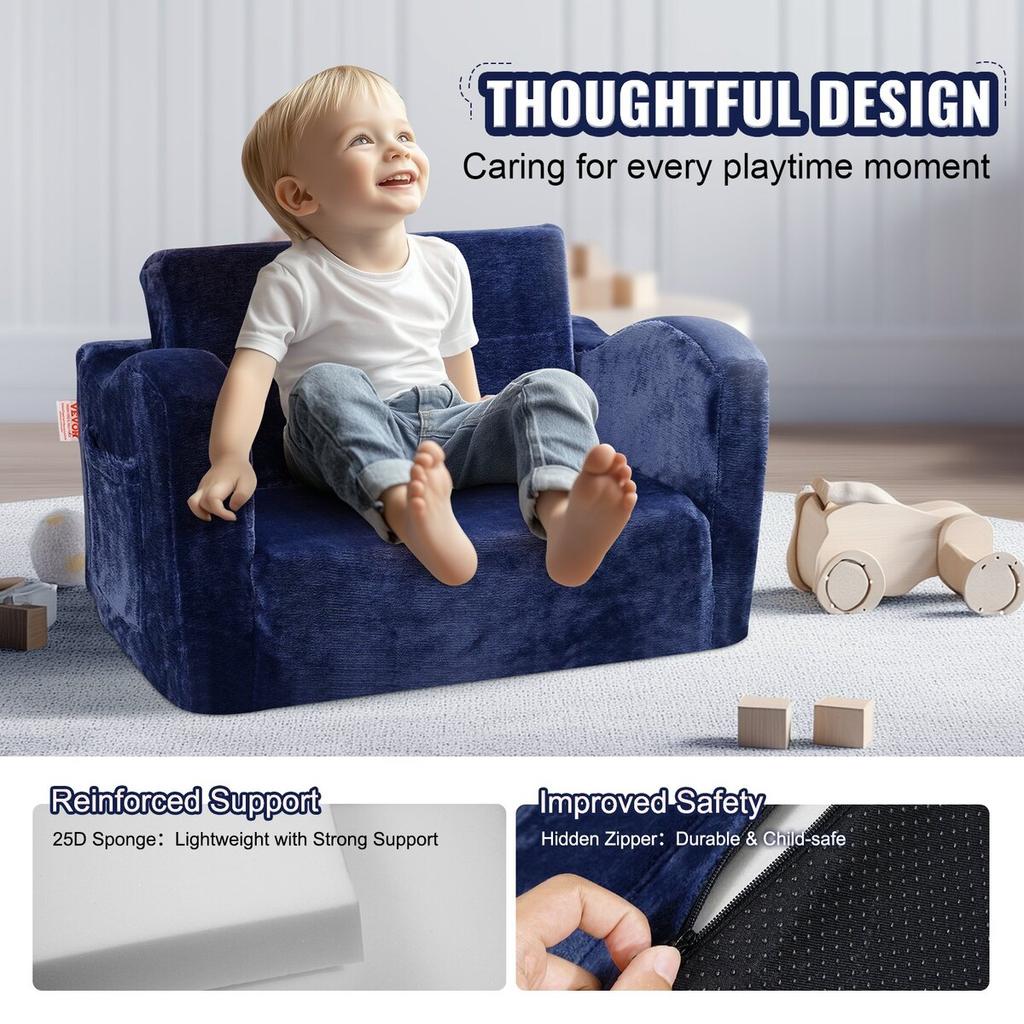 Baby Chair Foldable 2-in-1 Comfy Baby Lounger Couch Kids Sofa Blue