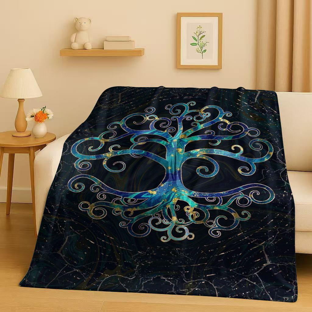 Retro Kleurrijke Levensboom Yggdrasil Keltisch Runen Flanellen Deken, Ultra Zachte Pluche Plaid voor Huis Slaapkamer Bed Bank Cover Kinderen