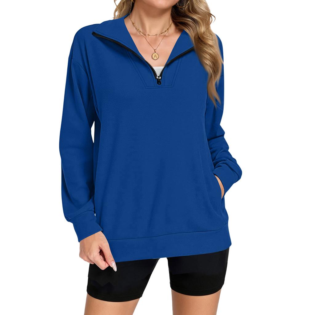 Women's Casual Zip-Up V-Neck Loose Fit Long Sleeve Sweatshirt