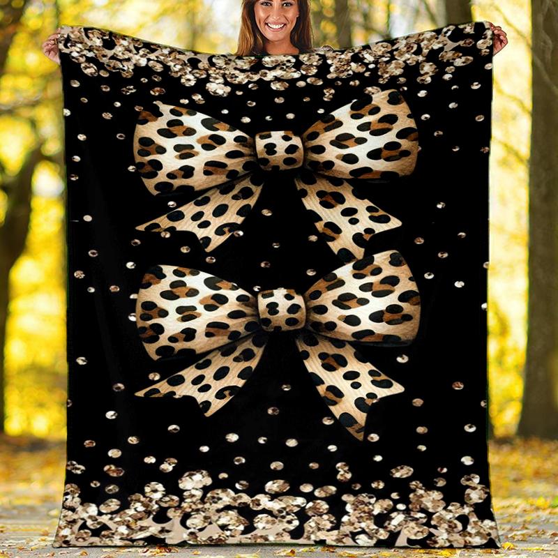 Leopard Bowknot Blanket Personalized Name Flannel Blanket Soft Cozy Plush Throw for Sofa Bed Lightweight Home Décor