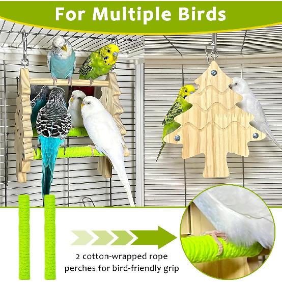 Bird Mirror Toy Perch, 2-Sided Hd Parakeet Mirrors & 2 Cotton-Wrapped Perches for Multiple Birds, Wooden Frame Hanging Parrot Swing for Cage, Safe No
