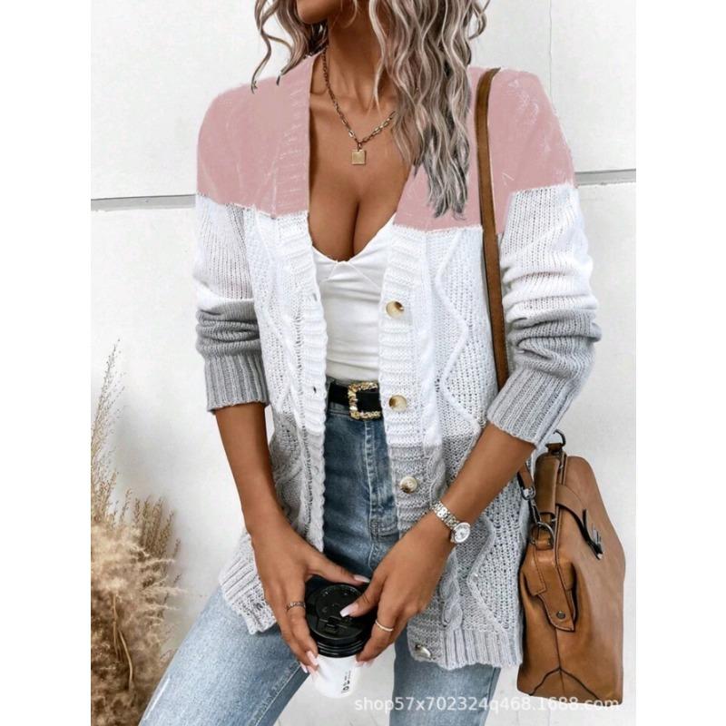 Women European American Lazy Style Striped V Neck Long Sleeve Knit Cardigan Sweater
