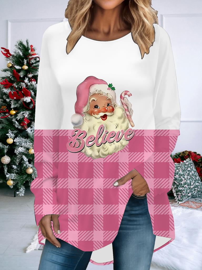 Übergröße Damen Frühling Weihnachten Bedruckt Bequem Langarm Rundhals T-Shirt Lässig Weit Mittelang Tops