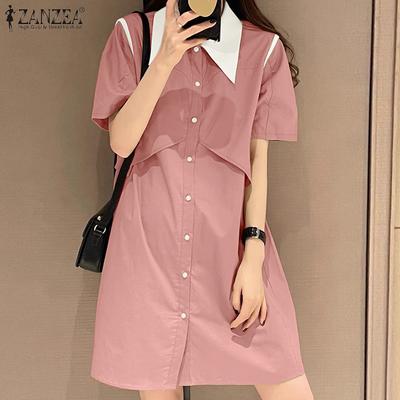 Womens Turn Down Collar Short Sleeve Casual Patchwork Dress