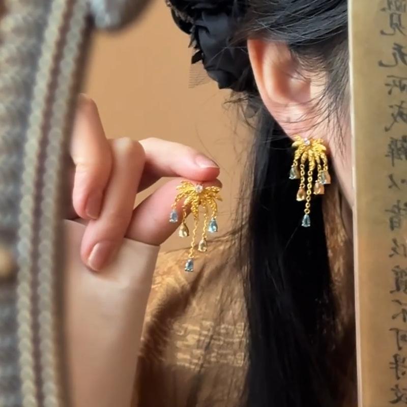 

Серьги-кисточки в виде цветка и капли воды, инкрустированные бриллиантами, роскошные, высококлассные, нишевые серьги, женские модные темпераментные ретро-серьги