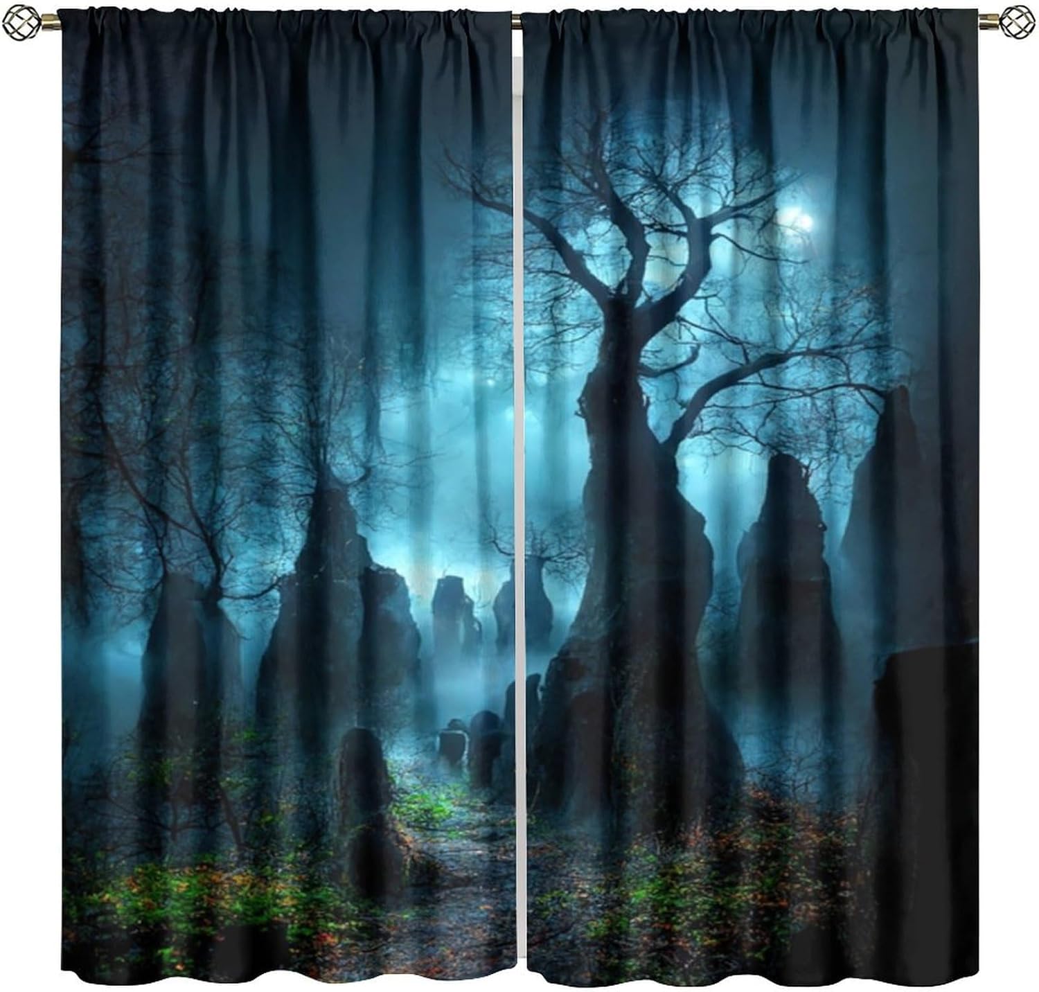 Gothic Spooky Curtains with Misty Foggy Mysterious Scenes; Haunted Creepy Landscape Fantasy Window Drapes for Bedroom & Living R 60×150cm