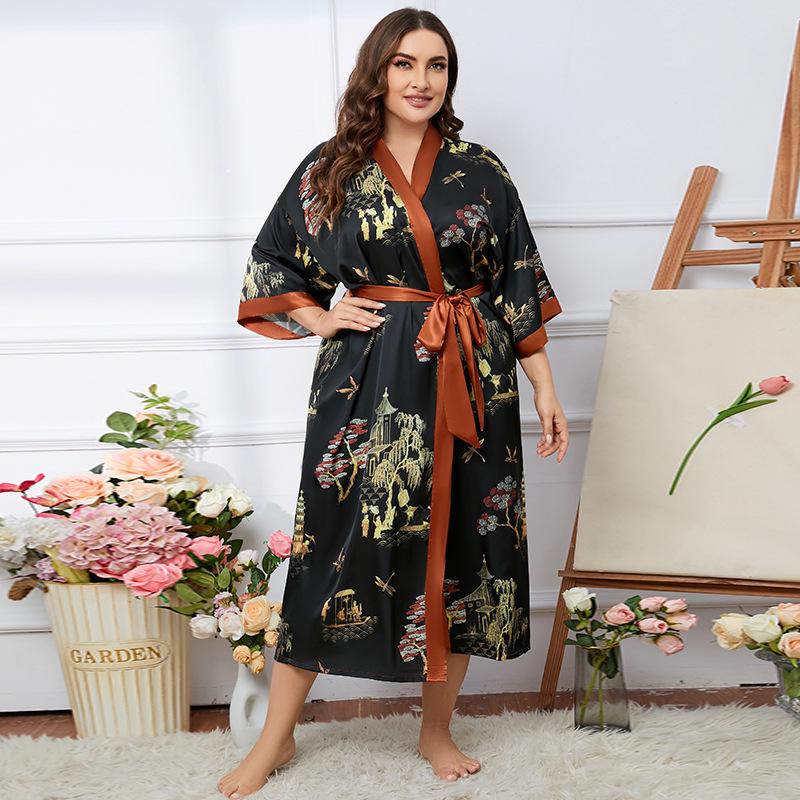 Übergröße Satin Sommer Pyjama & Bademantel Set für Damen - Leichter Luxus Eisseide