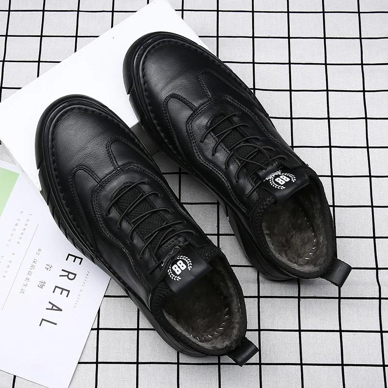 Italské Nové Pánské Ležérní Boty z Pravé Kůže Silná Podrážka Ležérní Oxfordské Boty Zimní Sametové Pánské Bavlněné Boty Doprava Zdarma