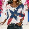 Women Plus Size Round Neck Half Sleeve Red White Blue Printed Loose Curved Hem Blouse