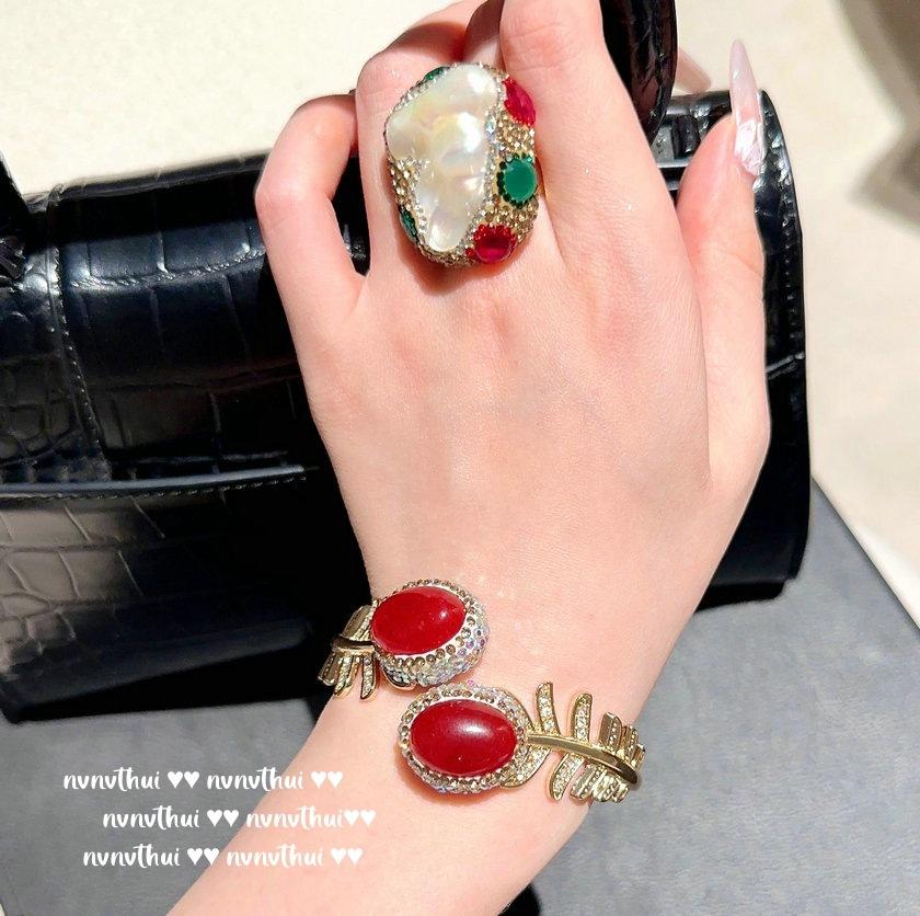 Damascus Rose Glazed Bracelet Vintage Plated 18K Gold, Baroque Citrine Drop Sweater Chain