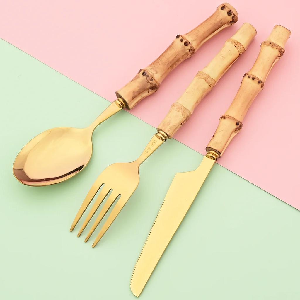 11Pcs Silver Bamboo Handle Cutlery Set 111 Stainless Steel Dinnerware Set Knife Dessert Fork Spoon Tableware Kitchen Flatware
