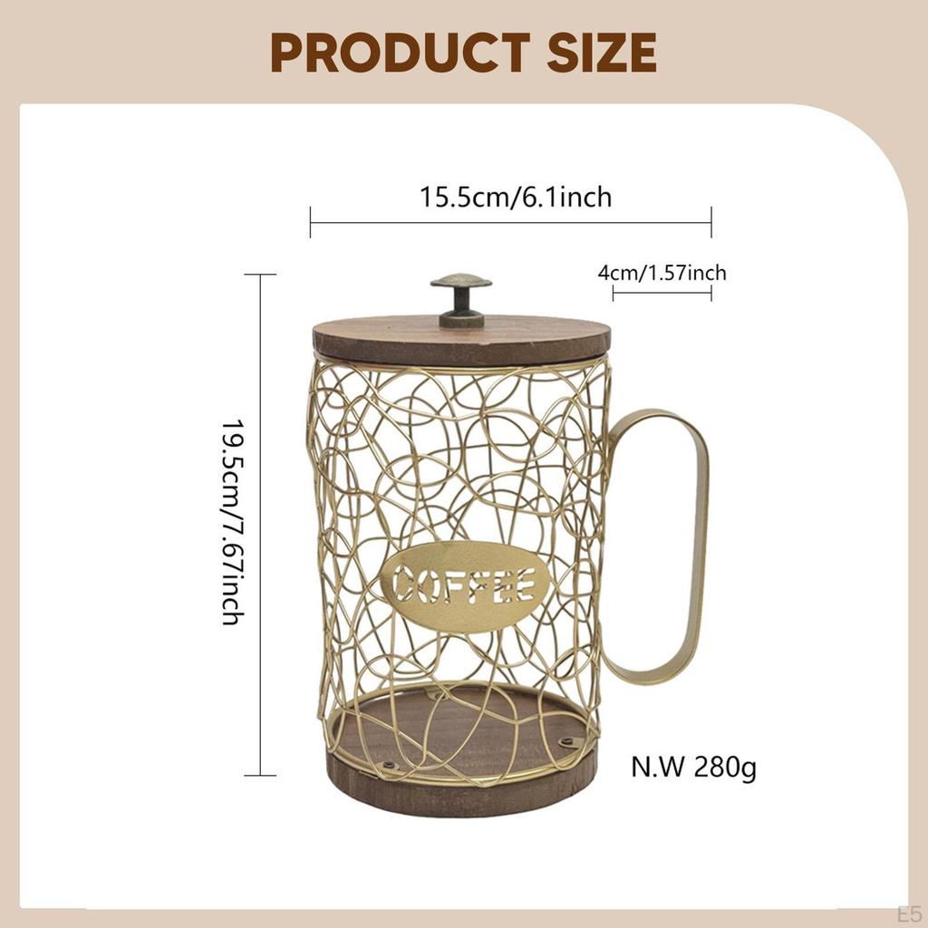 Coffee Capsule Holder Organizer with Wooden Base, Large Capacity, Iron Basket for