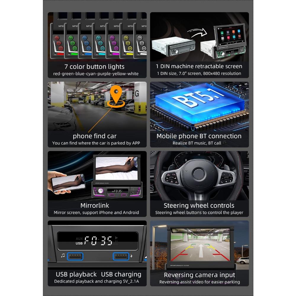 1Din Car Radio Multimedia MP5 Player, 7 inch Universal Navigation with Android Auto & Bluetooth, HD Screen USB TF FM Stereo