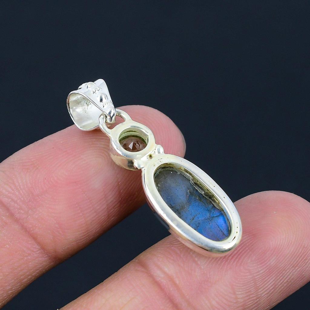 Natural Labradorite Gemstone Pendant, 925 Sterling Silver, Blue Topaz Gemstone, Handmade Pendant Jewelry Gift For Valentine's Day