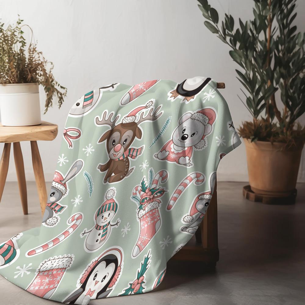 

Cozy Christmas Blanket Flannel Throw Winter Warm Decorative Holiday Gift Festive Reindeer Snowman Pattern Soft Plush Bedspread 75x90cm