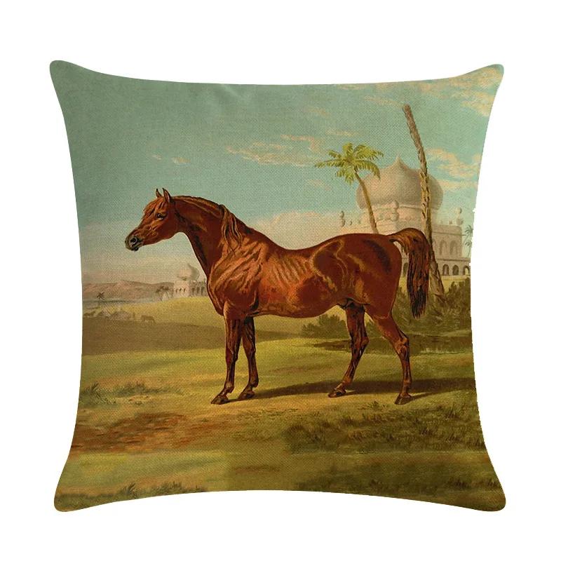 Retro Nostalgische Kunst Pferde-Druck Dekorative Kissenhülle Baumwolle Leinen Haus Auto Sofa Kissenbezug Heimdekoration 45X45cm