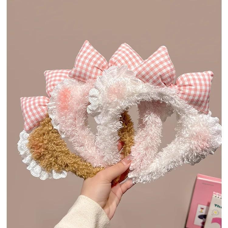 Sweetheart Blush Bow & Lace Bear Ear Headband for Makeup