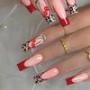 Red Leopard Print French Edge Water Pipe Press-On Nails with Cherry Rhinestones - 24 Pieces