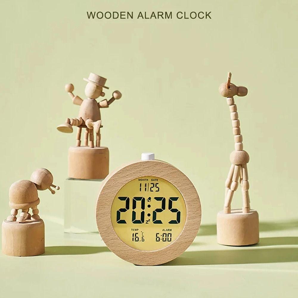 Nordic Style Wooden Alarm Clock Round/Square LCD Digital Table Clock  Table