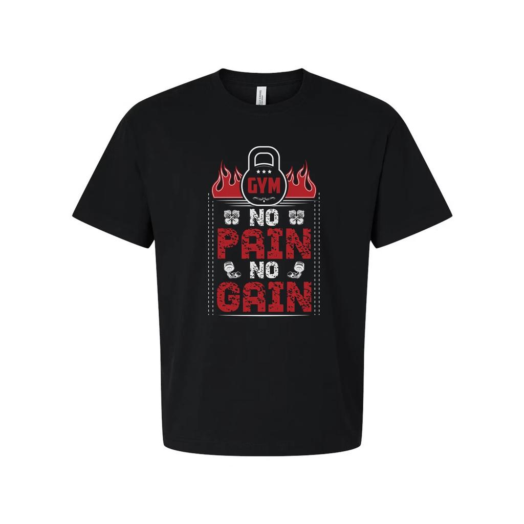 Unisex No Pain No Gain Gym Graphic T Shirt With Flames Design For Fitness Enthus