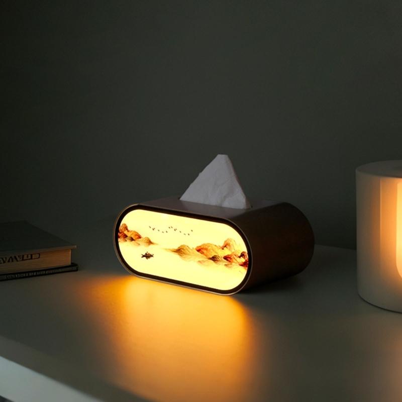 Modern Artistic LED Tissue Box Holder Large Opening Napkin Storage Box with Night Light for Smooth Pulling Enduring