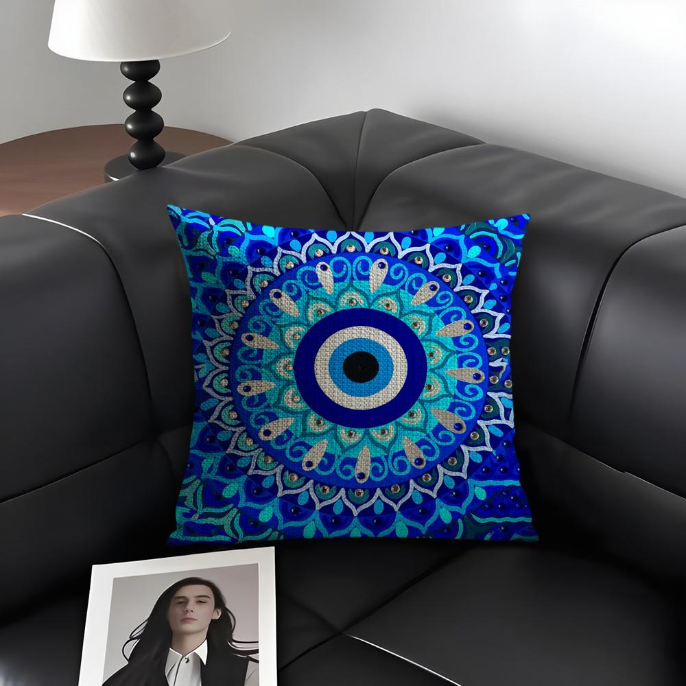 Custom Evil Eye Luxury Cushion Cover Natural Linen Organic Fabric Double-Sided Printing Sofa Home Decor Gift Pillow Case