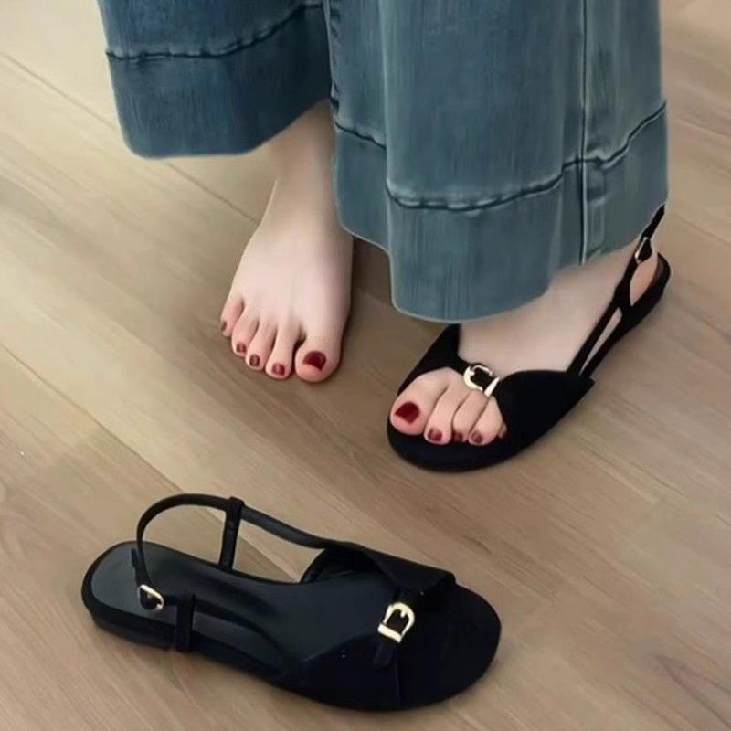 Vintage Flat Sandals Women's Summer New Round Toe Open Toe Metal Buckle One Slip Strap Soft Sole Anti-slip Roman Shoes