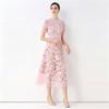High Quaity Solid Lace Hollow Out Summer Dress for Women Elegant Stand Collar Short Sleeve Slim Midi Dresses