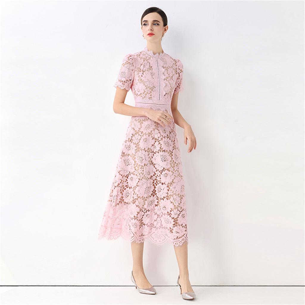 High Quaity Solid Lace Hollow Out Summer Dress for Women Elegant Stand Collar Short Sleeve Slim Midi Dresses