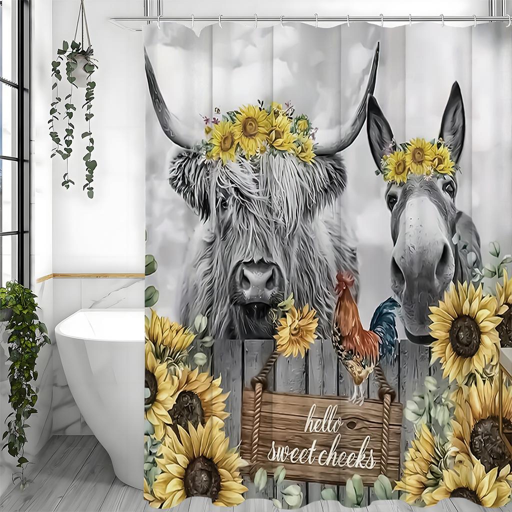 Sunflower Highland Cow and Donkey Shower Curtain, Bathroom Decorative Shower Curtain, Waterproof Shower Curtain with Hooks