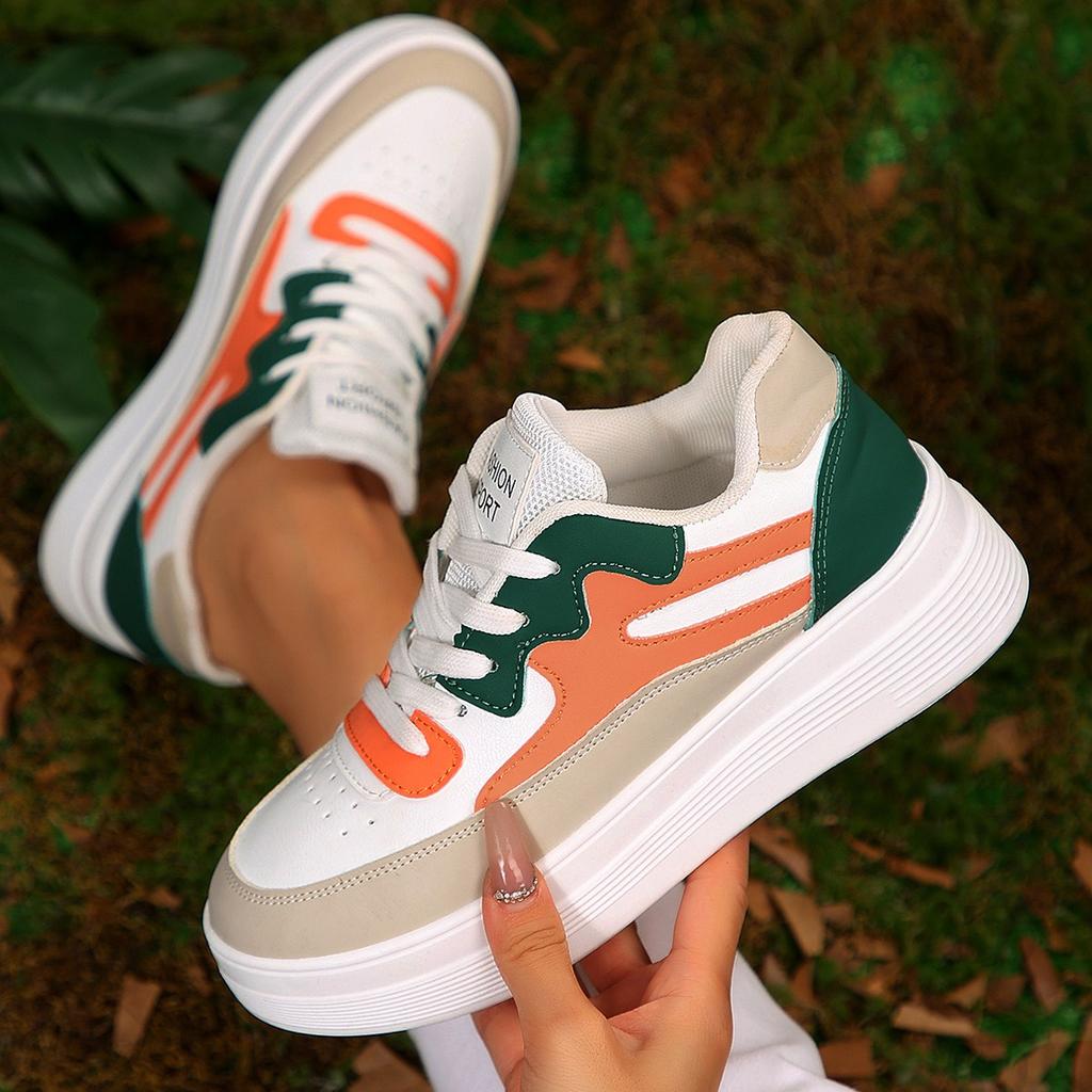 Fashion Sneakers Women's Colorblock Lace-up Breathable Sneakers Woman Campus Sneakers Show Feet Soft Leather Casual Shoes Women