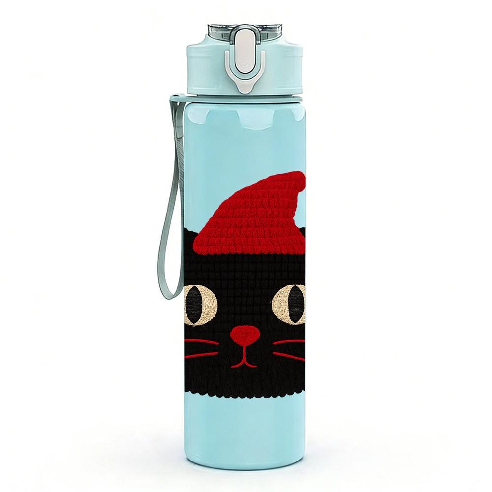 1PC Santa Hat Black Cat 750ml Color Plastic Sports Water Bottle Leakproof Flip Straw Lid Suitable for Sports Office Home Use