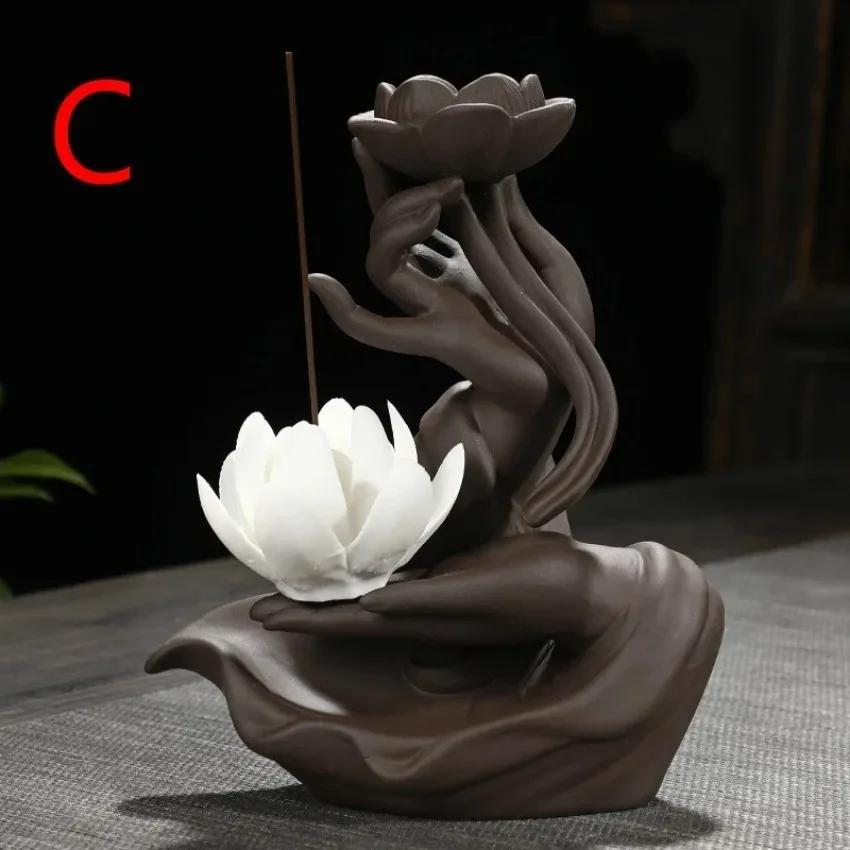 Incense Burner Buddha's Hand Guanyin Lotus Back Incense Burner Ornaments Indoor Incense Burner Purple Sand Antique Sandalwood