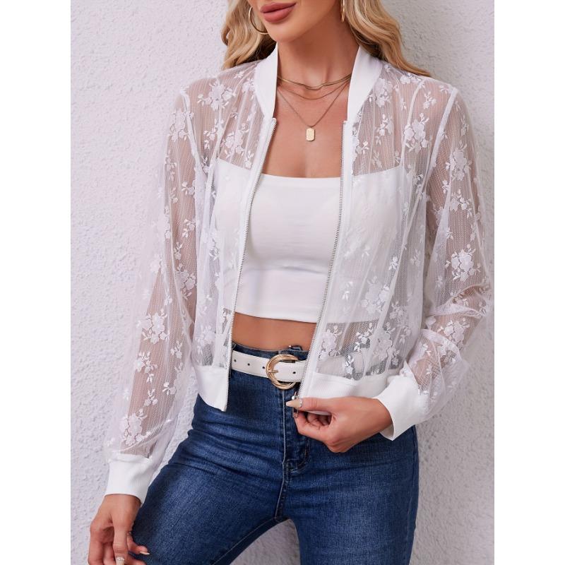 

Элегантная женская повседневная куртка с кружевом и молнией спереди, осень/зима M белый