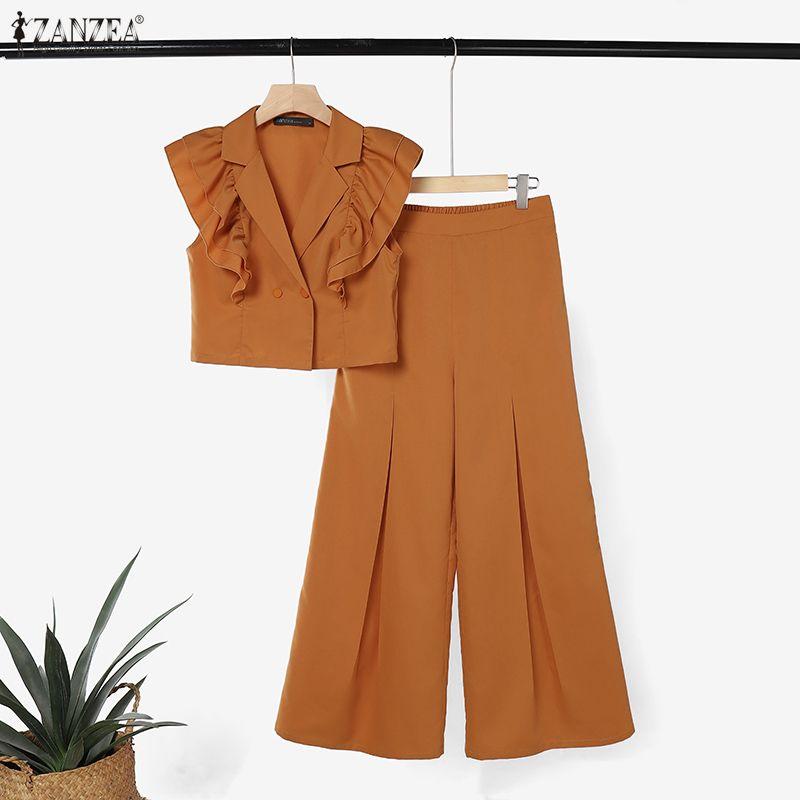 ZANZEA Women Ruffles Sleeveless Blouse With Wide Leg Pants Casual Two Piece Sets