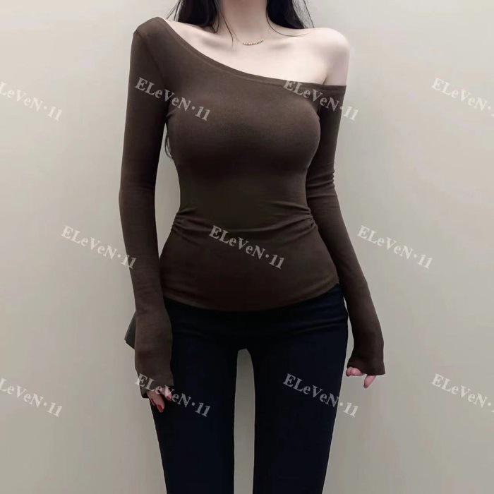 

Korean-Inspired Sexy Off-Shoulder Long-Sleeve T-Shirt - Slim, Stylish, and Perfect for Autumn/Winter. Extra Large кофейный