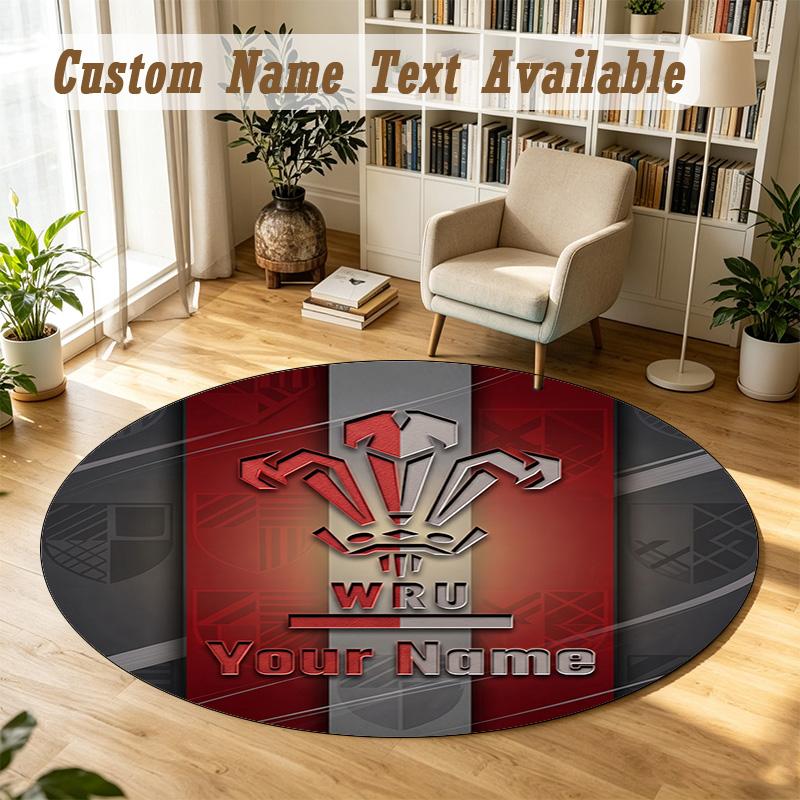 Round Rug Custom NameWales Rugby Pattern Non Slip Carpet Home Floor Decor