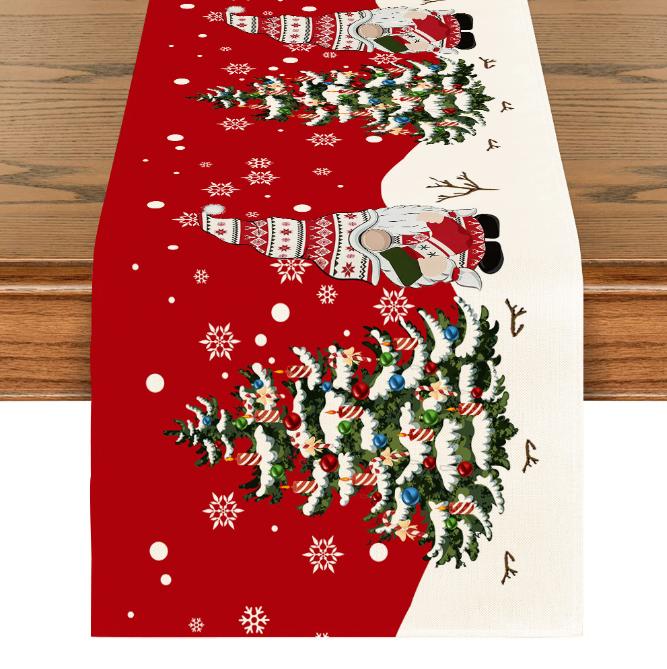 Linen Christmas Table Flag with Snowman & Santa Prints - Festive Table Mat Decorations