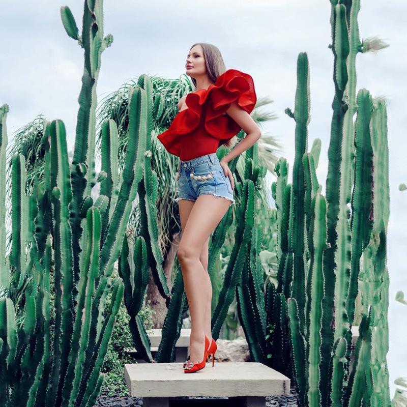 Traje de baño mono ajustado de Color sólido con encaje de hoja de loto sexy de un solo hombro para mujer