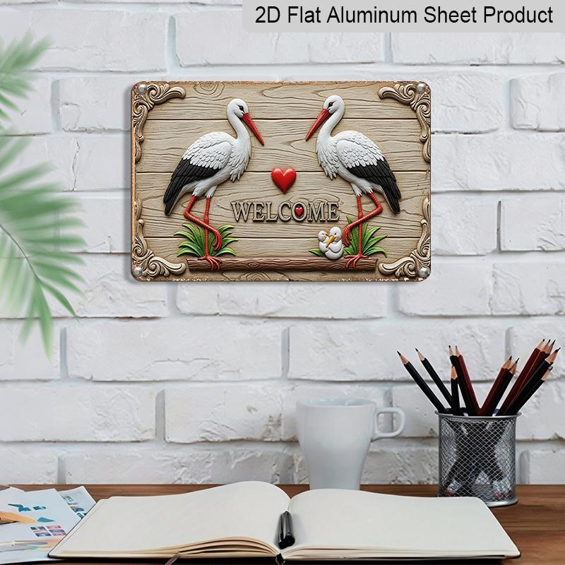 2D Flat 1pc Welcome Sign with Storks and Heart | Manufactured Aluminium, Vintage Style, Wall Hanging, Multipurpose Decor for Christmas, Halloween