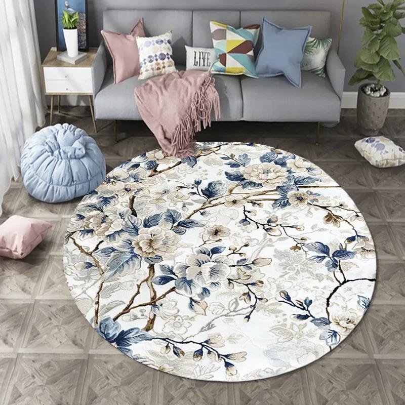 ~O~Künstlerischer Moderner Floraler Runder Teppich mit Gänseblümchen Rose & Naturinspirierten Erdtönen – Heimdekoration für Wohnzimmer Schlafzimmer Büro