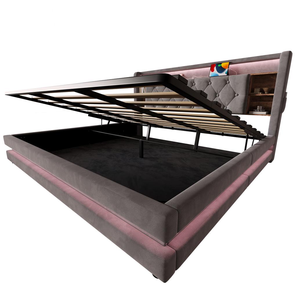 180 × 200 cm Upholstered Bed with Storage, Velvet Bed with Multifunctional Headboard, LED Lighting, 2 USB & Type-C Port, Hydraulic, Dark Gray