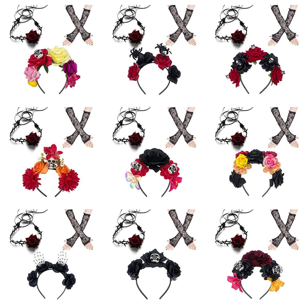 Day of The Dead Headpiece Halloween Costume Accessories Novelty Horror Gloves Set for Women