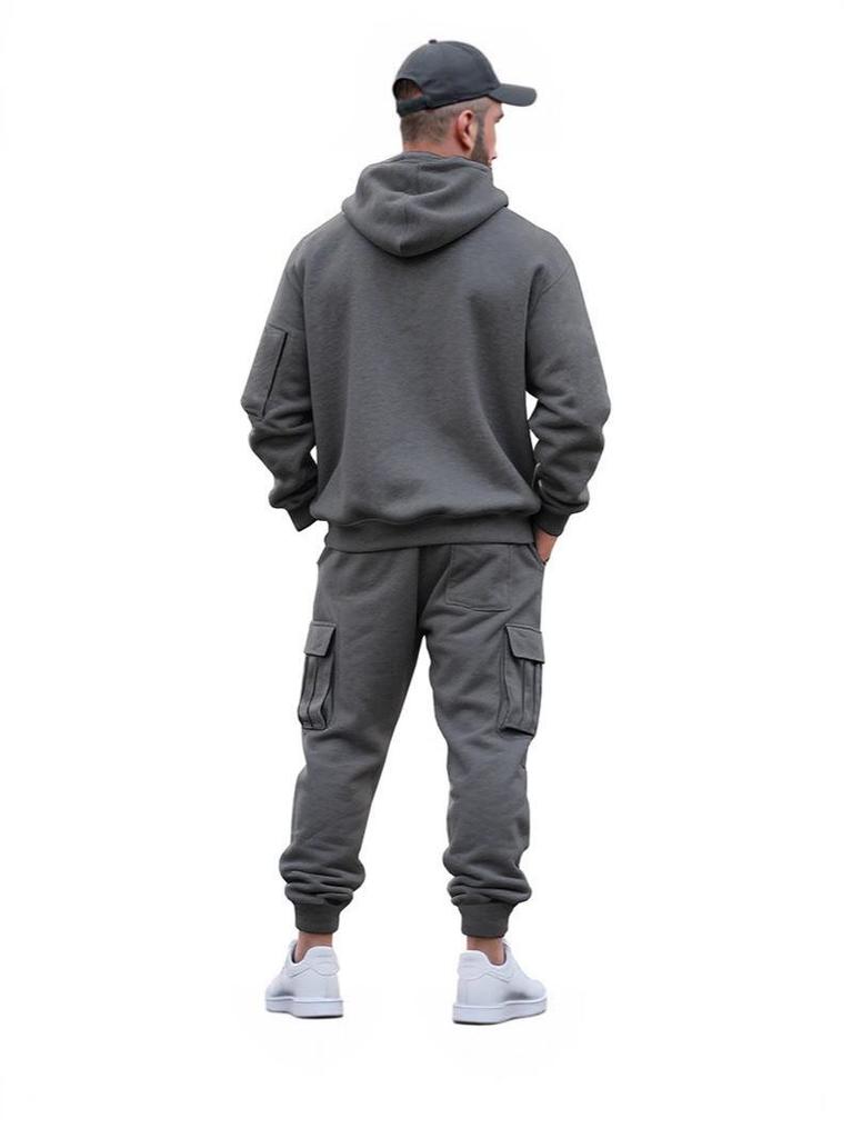 Autumn Winter Men's Fleece Zipper Hoodie & Multi-Pocket Workwear Pants Set