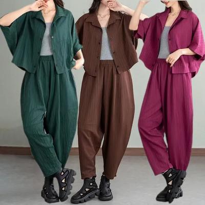 Casual Anzug Damen Kurzarmhemd Mode altersreduzierende lose Fleisch bedeckende Bluse Jacke Harlan Bloomers Zweiteiliger Sommer