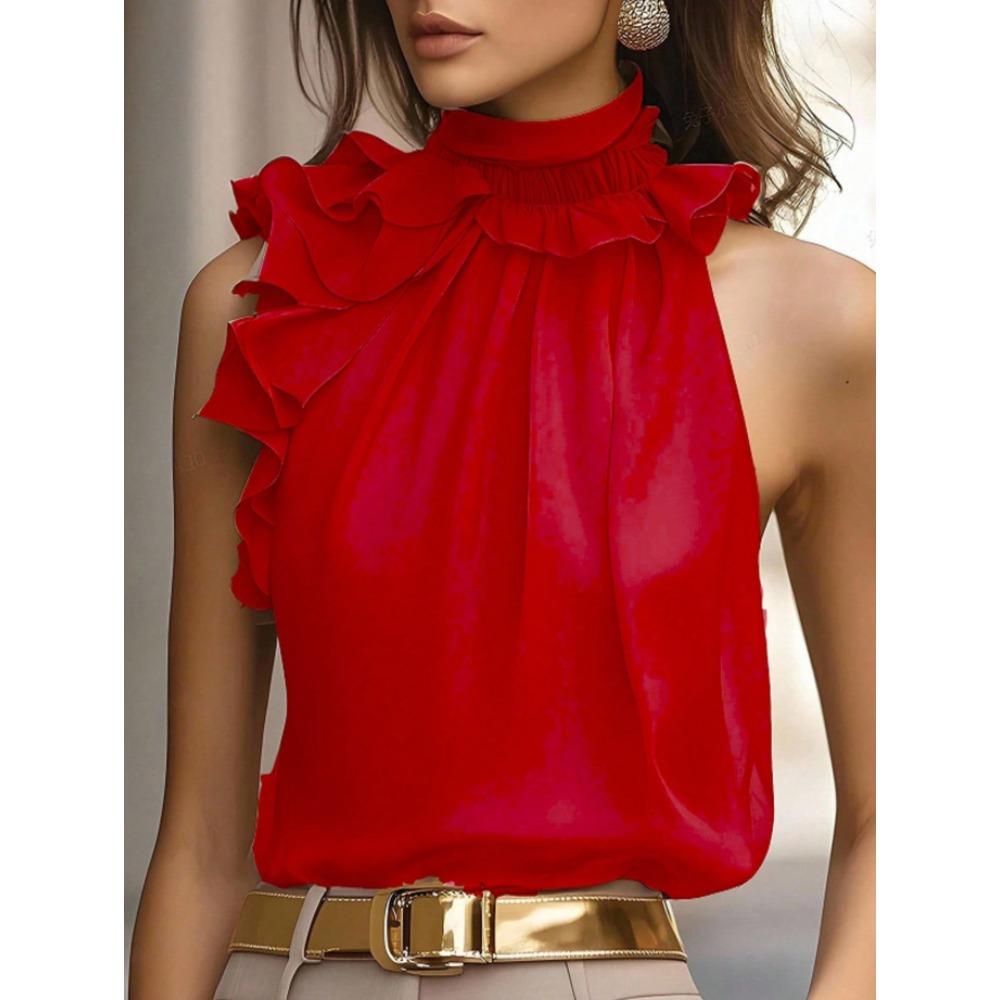 Top alla moda con scollo a petalo e maniche lunghe con spalle scoperte, dal taglio aderente, senza maniche, tinta unita per donna.