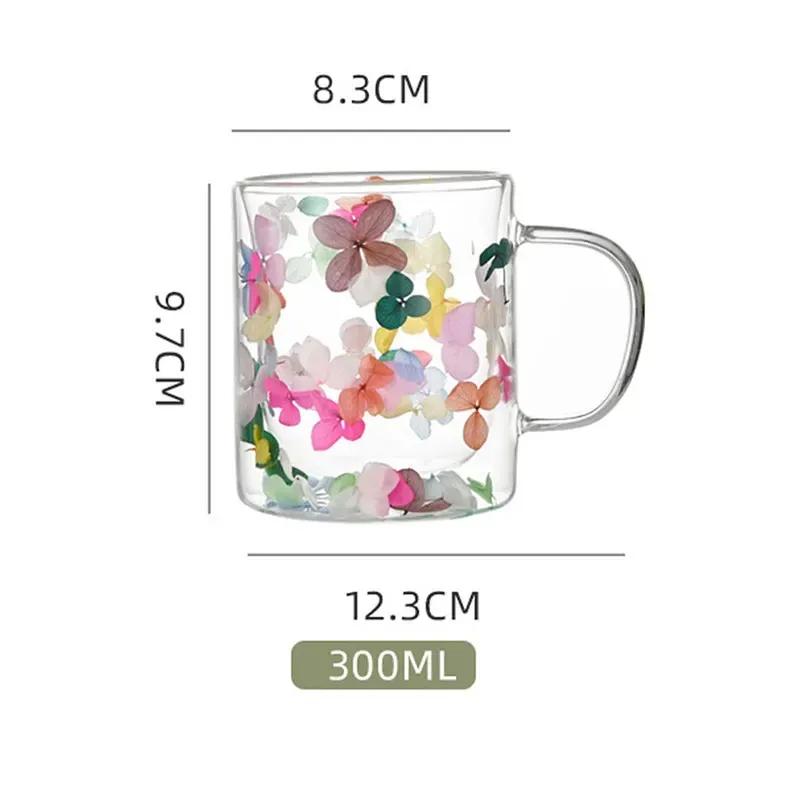 Creative Design 350ml Double Wall Glass Mug Cup With Dry Flower Fillings With Handles Kitchen Accessories WLL2149